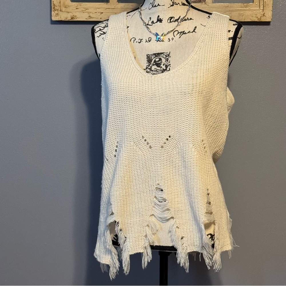 Women's Cream Distressed Knit Tank Top